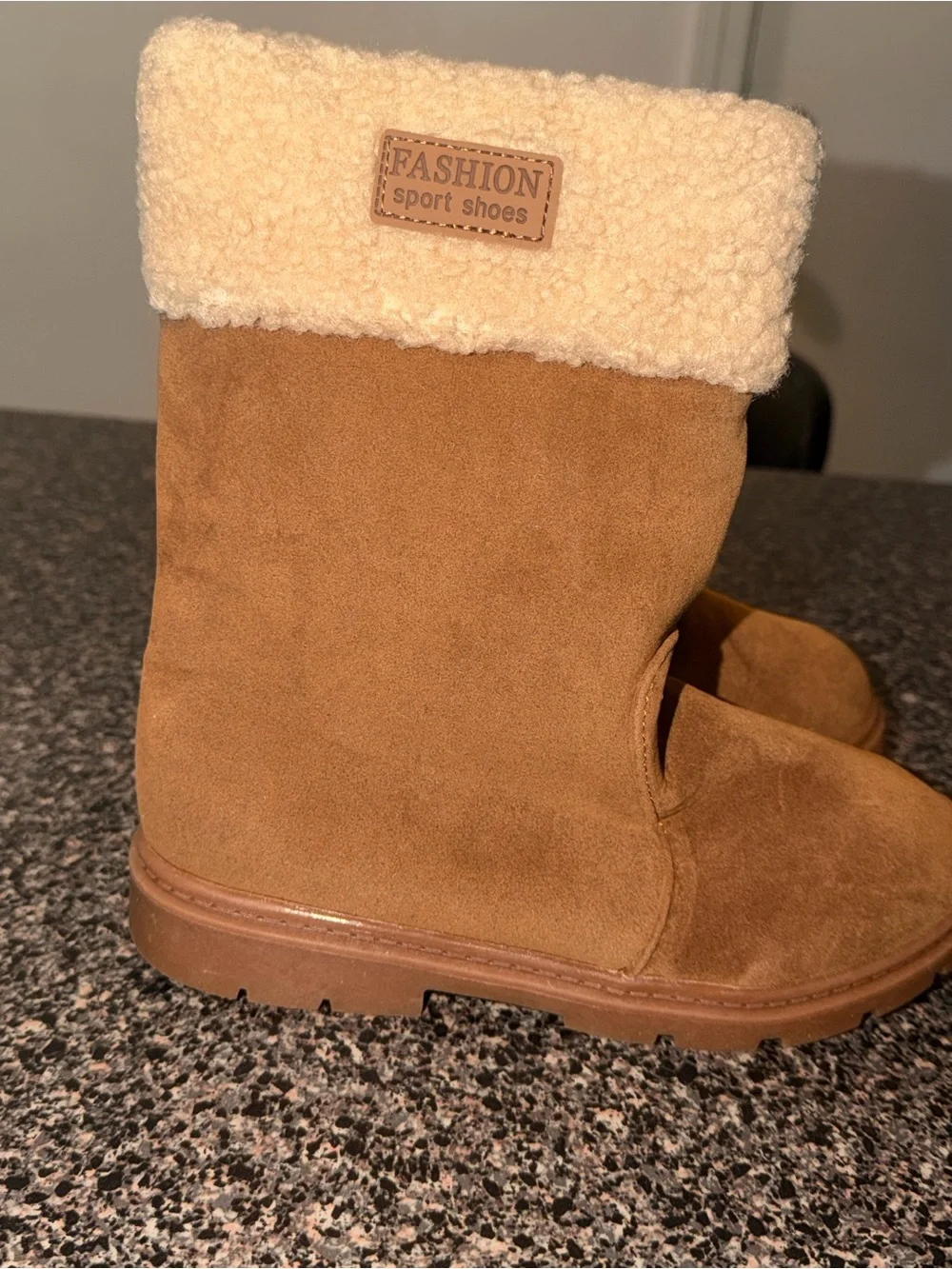 SHEIN Tan Suede Kids Boots with Cream Shearling Fold-Over Cuff